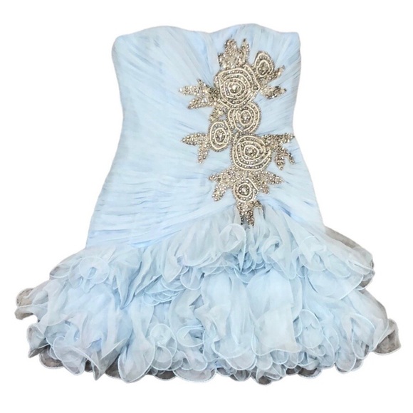 NWT Sherri Hill Dress Size 2 Pastel Ice Blue Rhinestone Floral Appliqué Ruffle - Picture 1 of 10